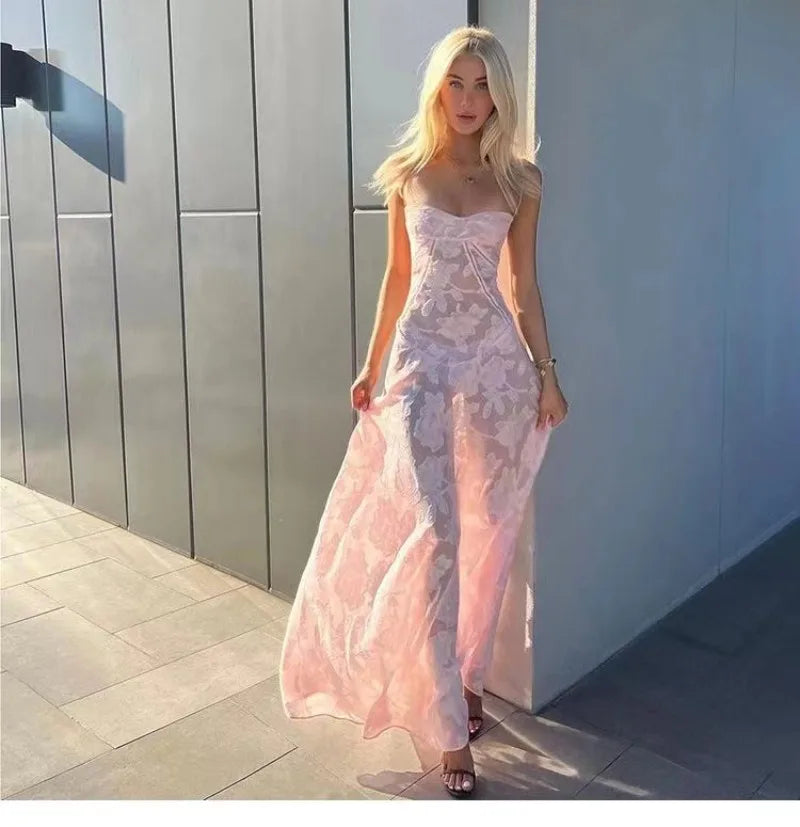 Women's See Through Spaghetti Maxi Plunge Off Shoulder Floral Mesh Patchwork Long Dress
