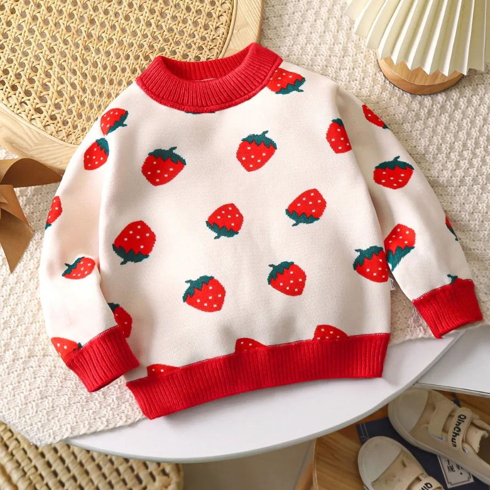 Girl's Cartoon Strawberry Printed Sweater Long Sleeved Round Neck Top 2-7 Yrs old