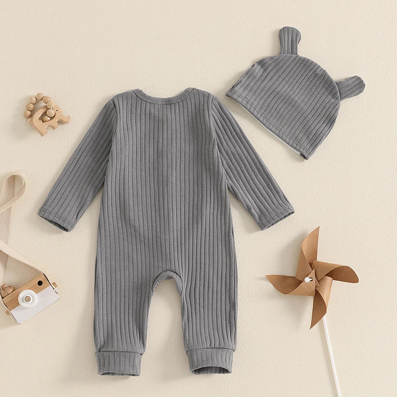 0-18M Newborn Baby Boys Romper Animal Cartoon Print Long Sleeve Crew Neck Full Length Button Down Jumpsuit with Hat