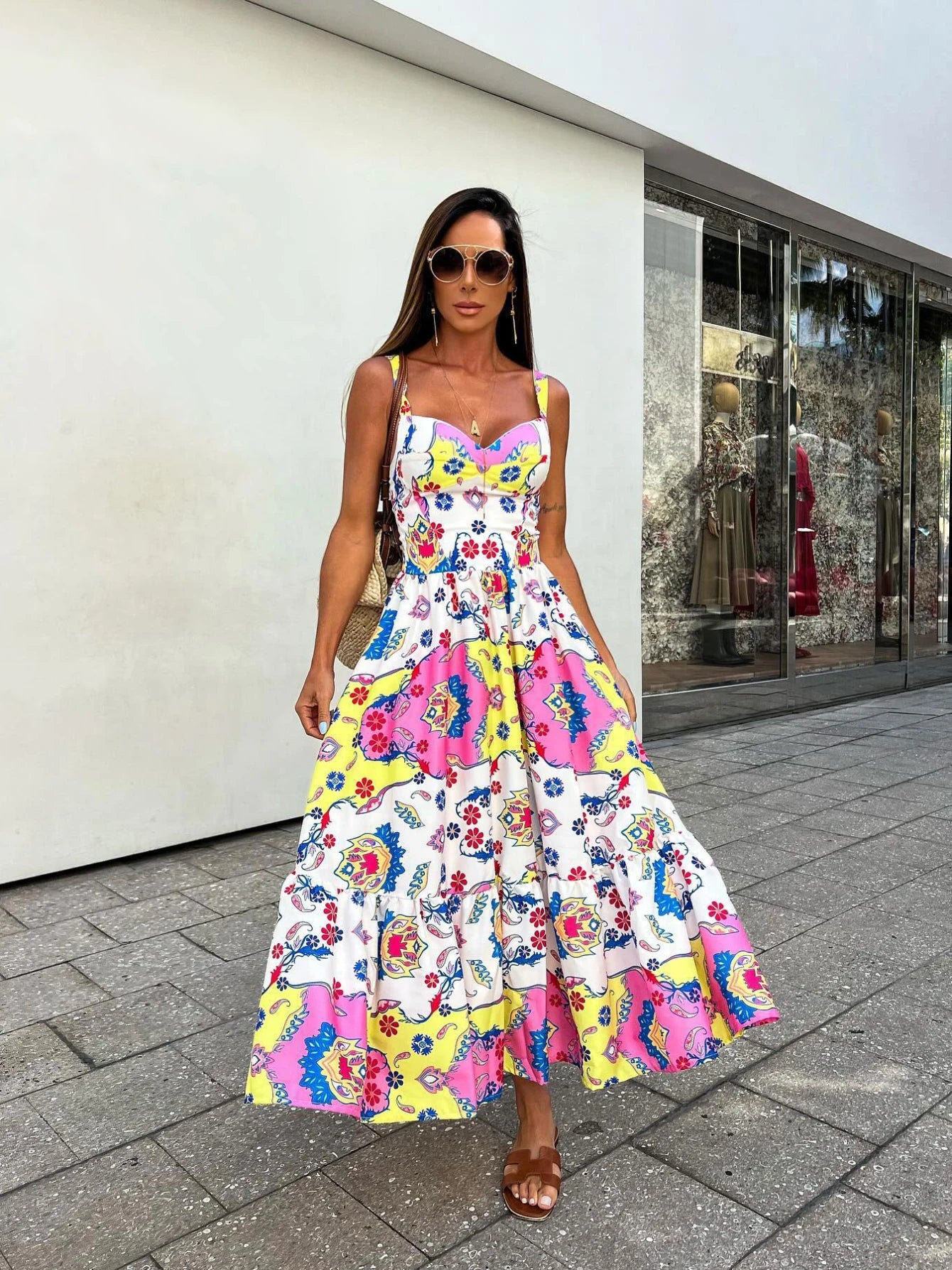 Women's Floral Printed Elegant Sleeveless Long Lace Up Robe Summer Bodycon Dress