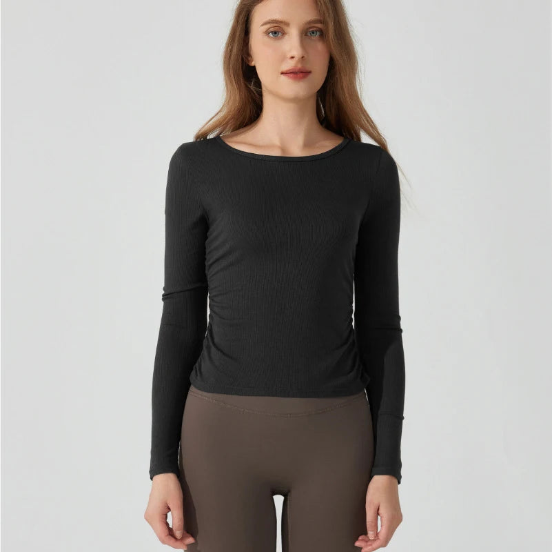 Women's Long Sleeve Yoga Shirt Slim Fit Gym Top Breathable Ribbed Gym Running Top Workout Sportswear