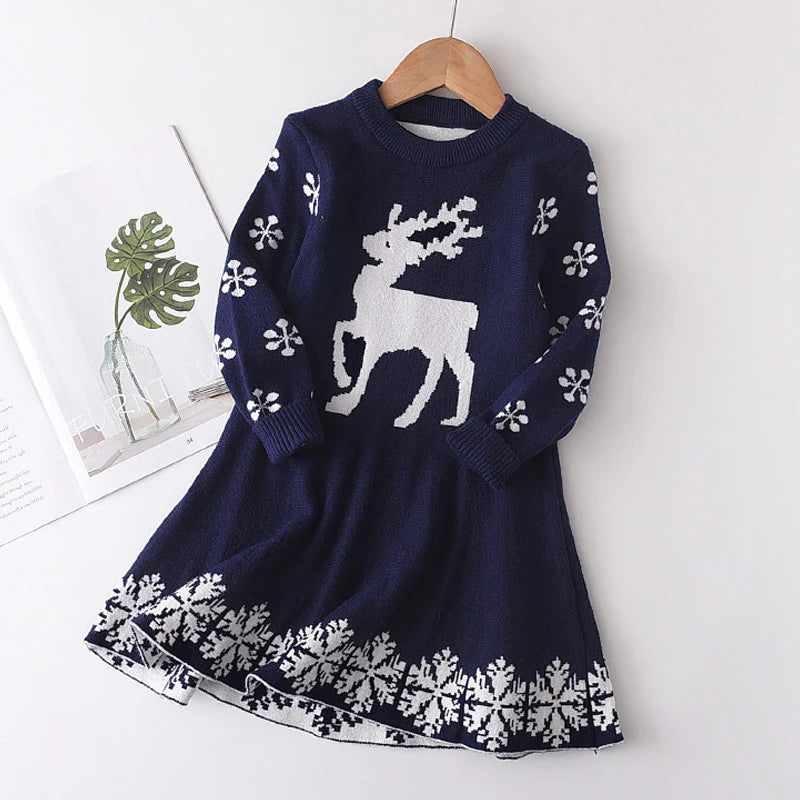 Children's Girls Knitted Christmas Long Sleeve Dress 3-7Y