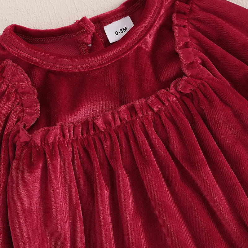 Baby Girl's Christmas Velvet Romper Set with Headband - Round Neck Long Sleeve