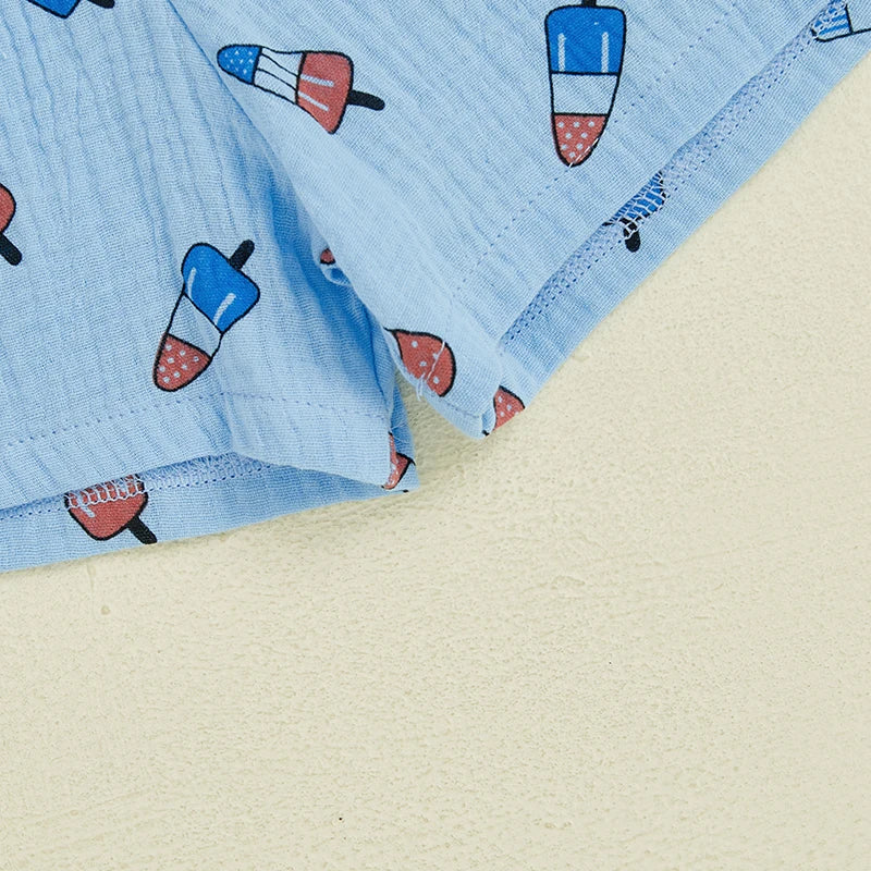 0-4Y Kids Boys American Flag Colours Print Clothes Sets Ice Cream Print Lapel Button Down Short Sleeve Shirt with Shorts