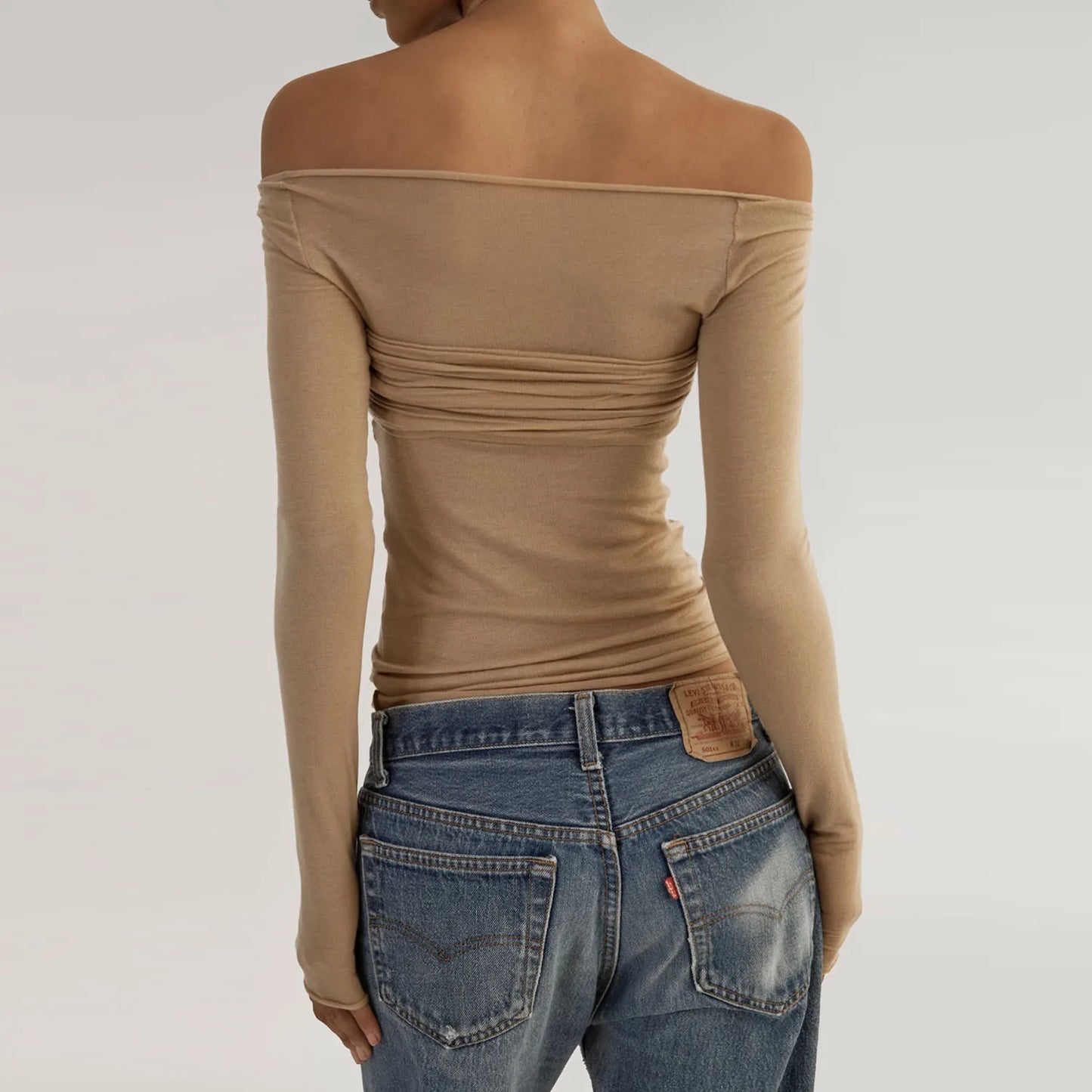 Women's Off Shoulder Ruched Knit Top - Long Sleeve Top