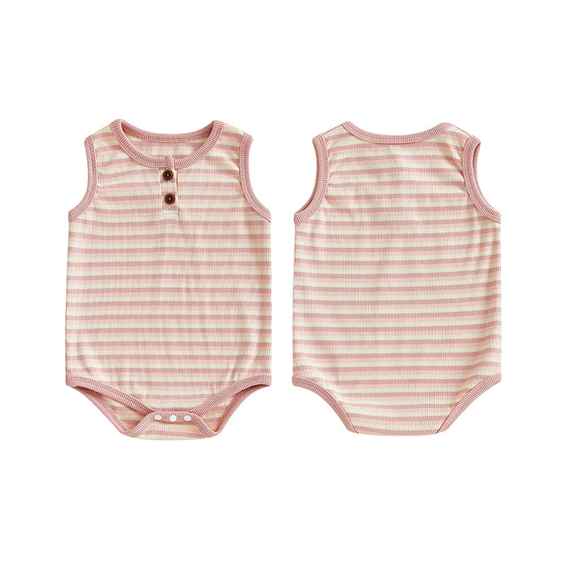 0-18M Baby Girls Boys Rompers Stripe Print Sleeveless Buttons Round Neck Summer Bodysuits Jumpsuit
