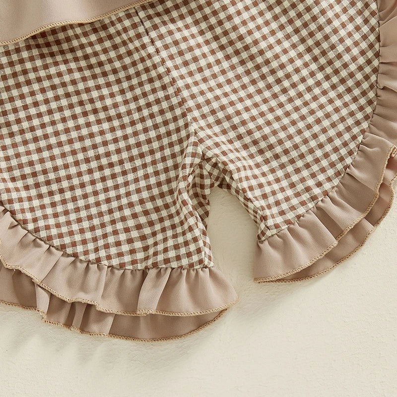3-7Y Toddler Kids Girls Clothes Set 2pcs Sleeveless Tie-up Duck Embroidery Camisole with Ruffled Plaid Shorts