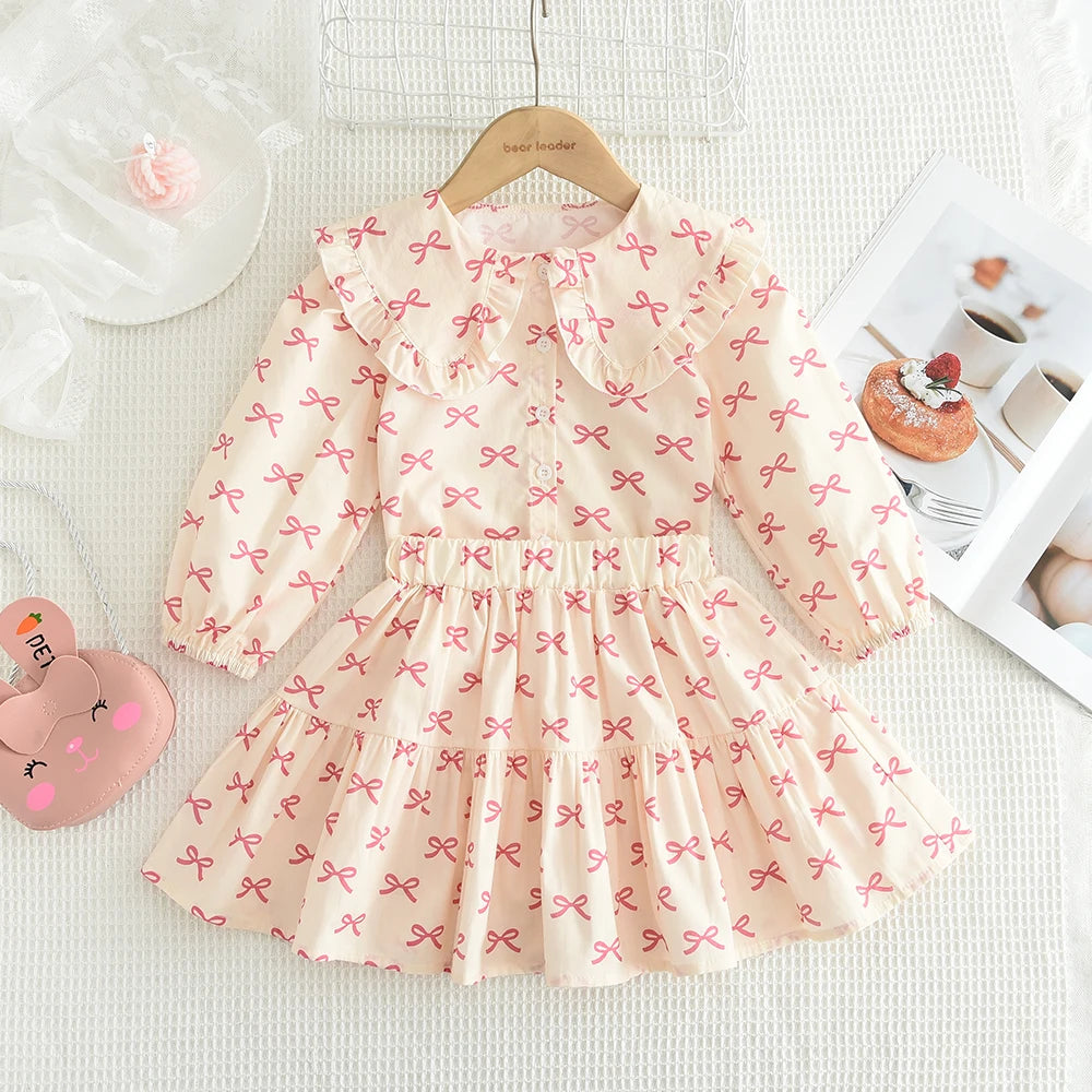 Girl's 2-6 Year Old Bow Print Long Sleeved Lapel Shirt and Skirt Two-piece Set