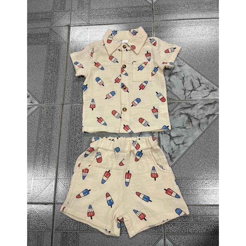0-4Y Kids Boys American Flag Colours Print Clothes Sets Ice Cream Print Lapel Button Down Short Sleeve Shirt with Shorts