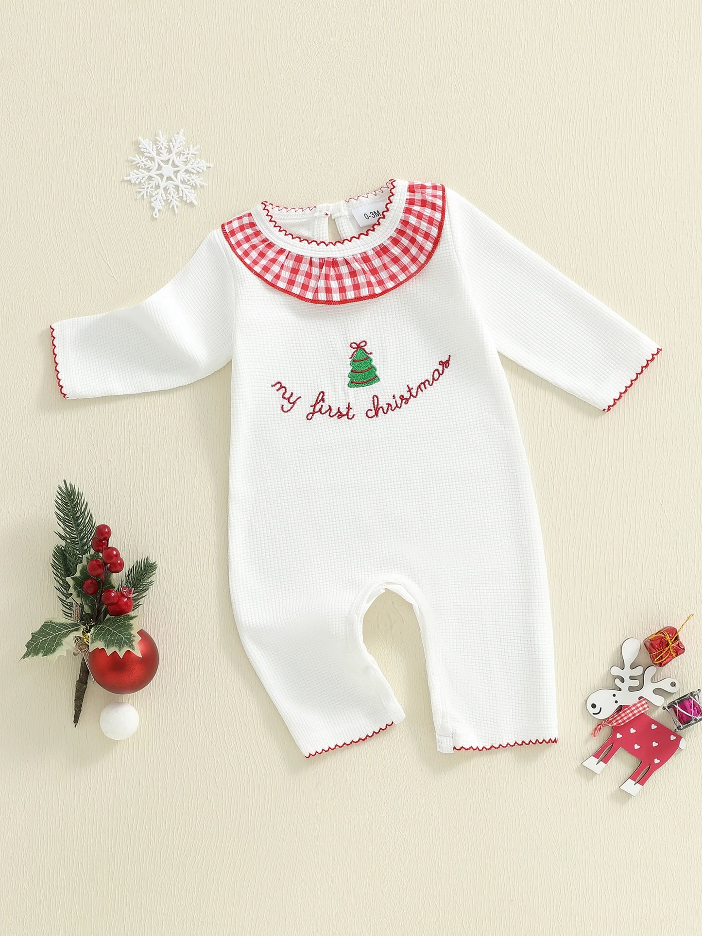 Baby Christmas Tree Embroidered Plaid Romper (0-6M)