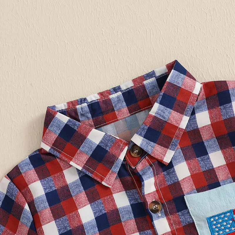 0-5Y American Flag Kids Boys Shirts Short Sleeve Plaid Print Button Down Shirts Toddler Summer Top