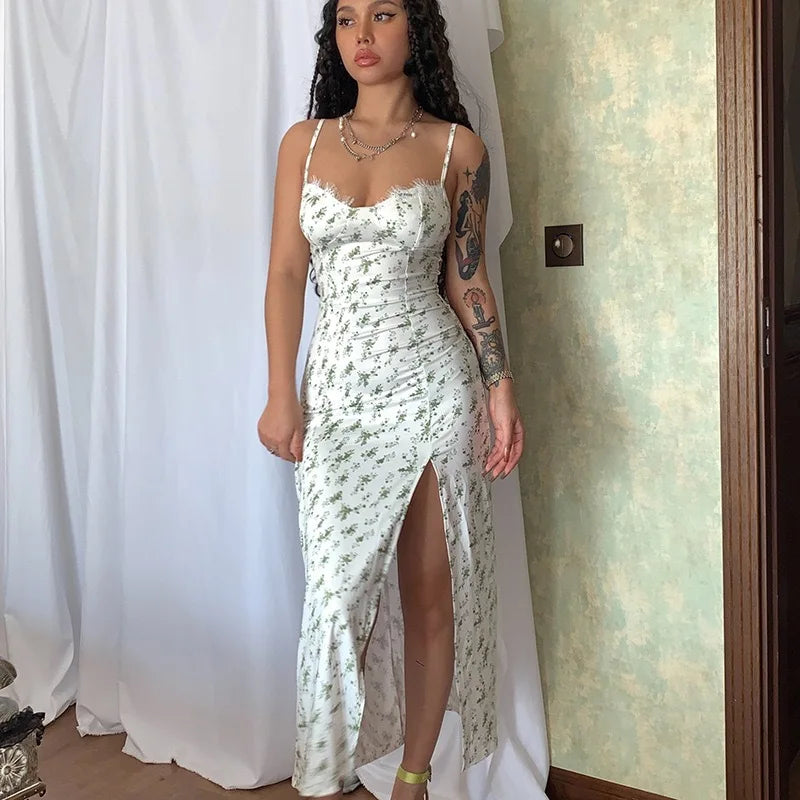 Women Lace Dress- Midi Backless Slit Summer Elegant Floral Dress
