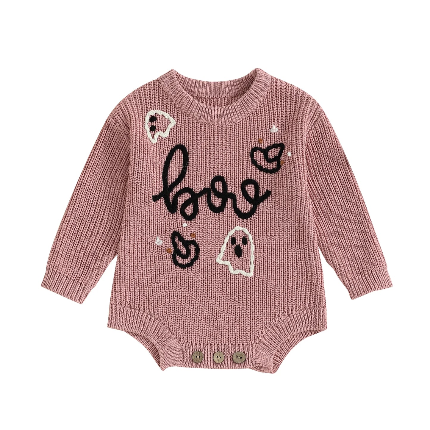 Newborn Baby Halloween Sweater Romper - Ghost Letter Embroidered Long Sleeve Jumpsuit
