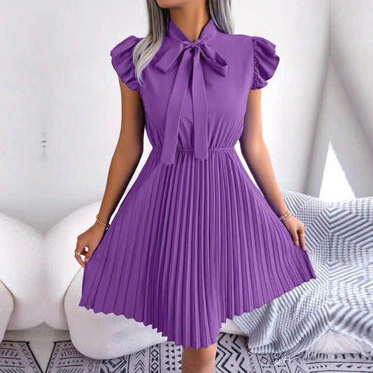 Women's Spring Summer Elegant Lace Up High Waist Large Fold Bow Collar Pleated Dress