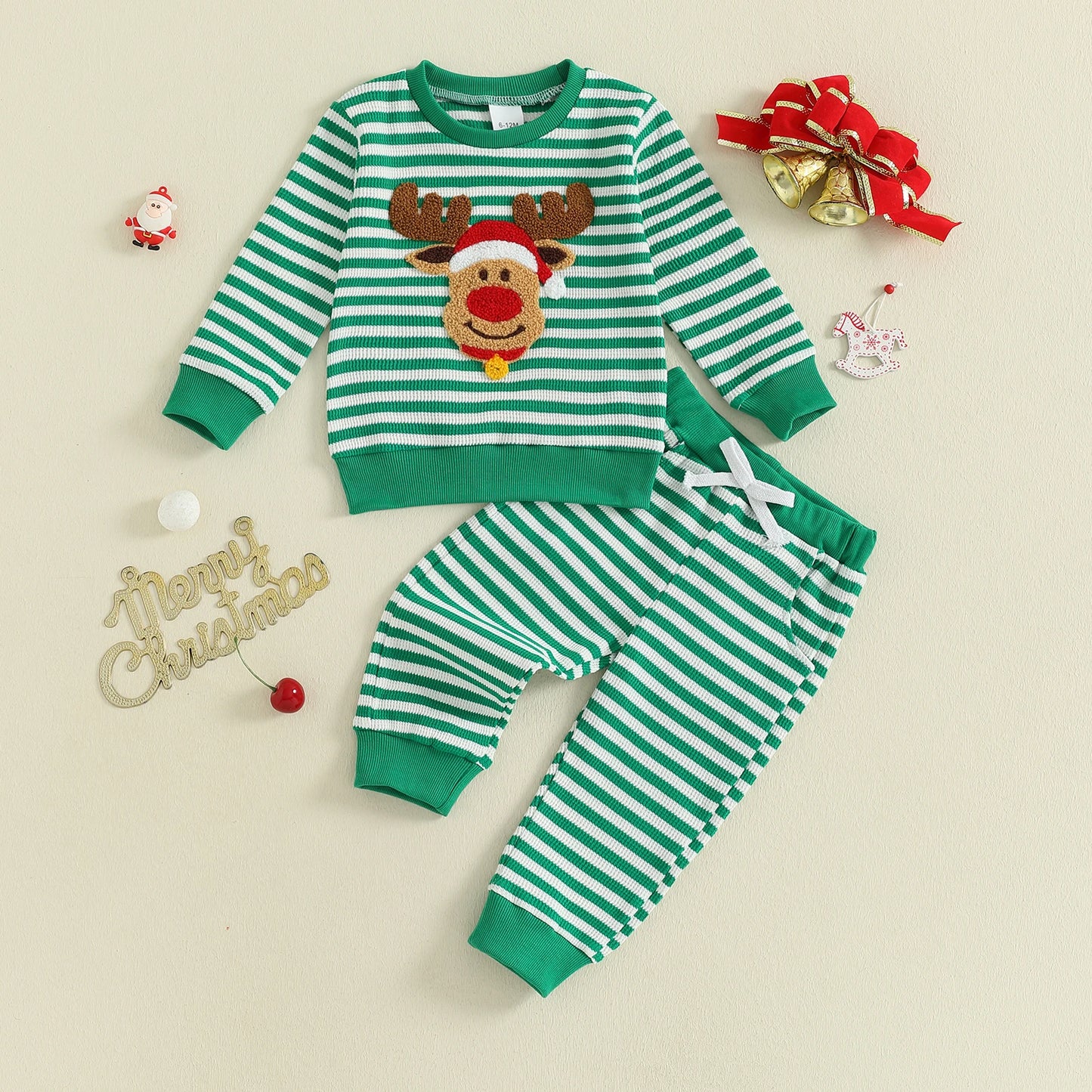 Infant Baby Boys Christmas Clothes Set - Long Sleeve Deer Embroidery Striped Sweatshirt & Pants