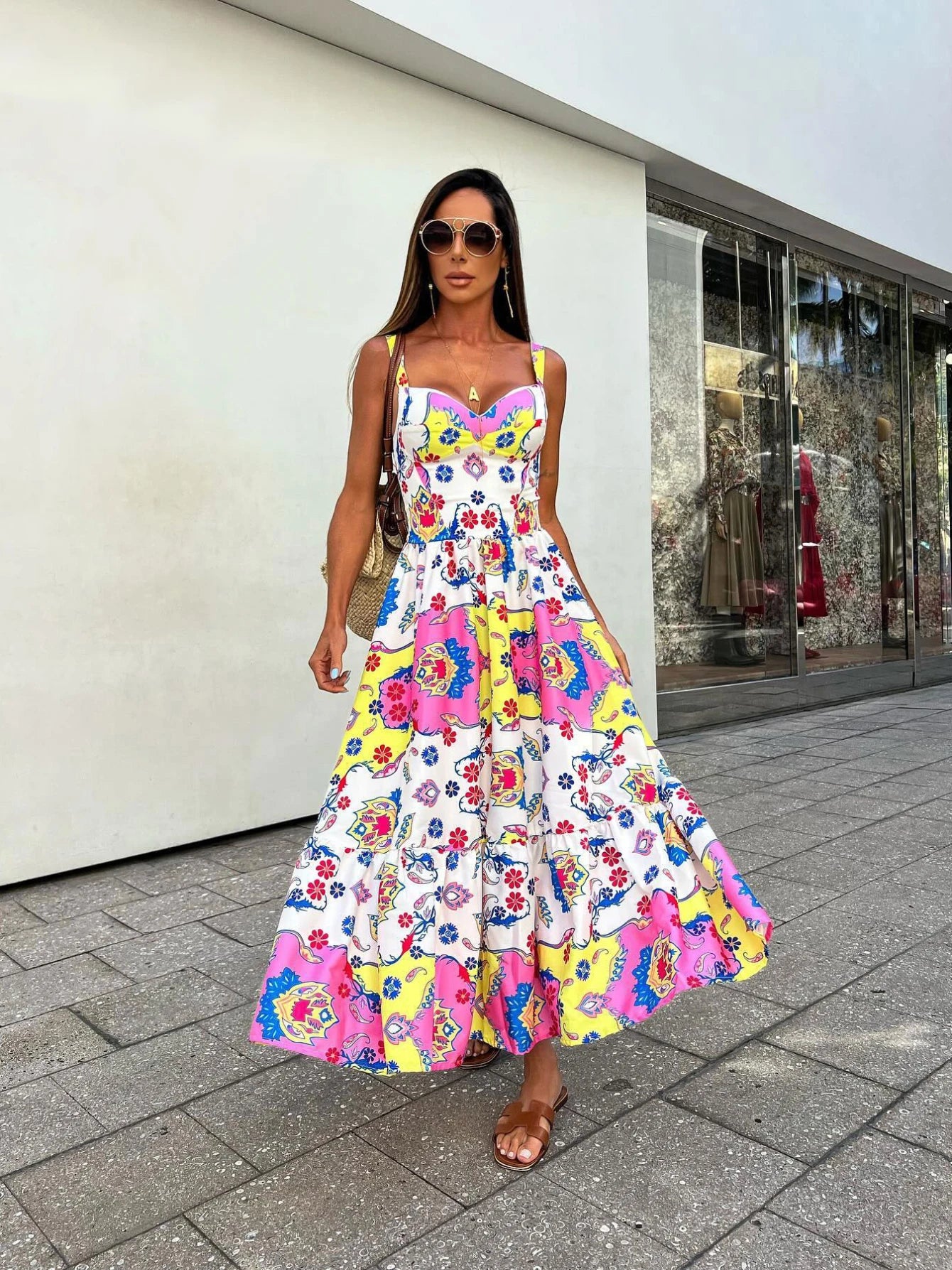 Women's Floral Printed Elegant Sleeveless Long Lace Up Robe Summer Bodycon Dress