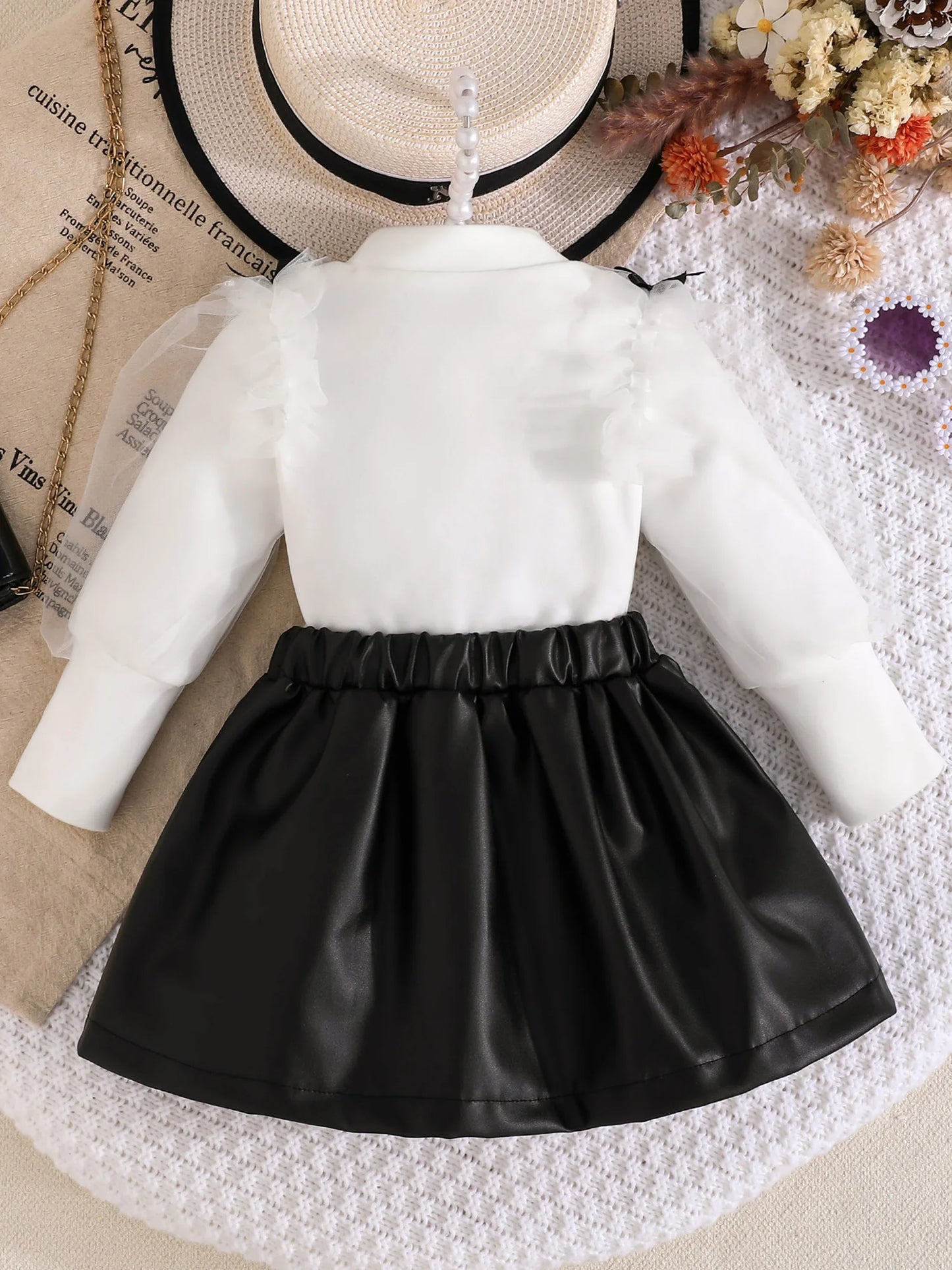 Toddler Kids Girls Fall Clothes Set - Mesh Bow Mock Neck Long Sleeve Top & Pleated Skirt