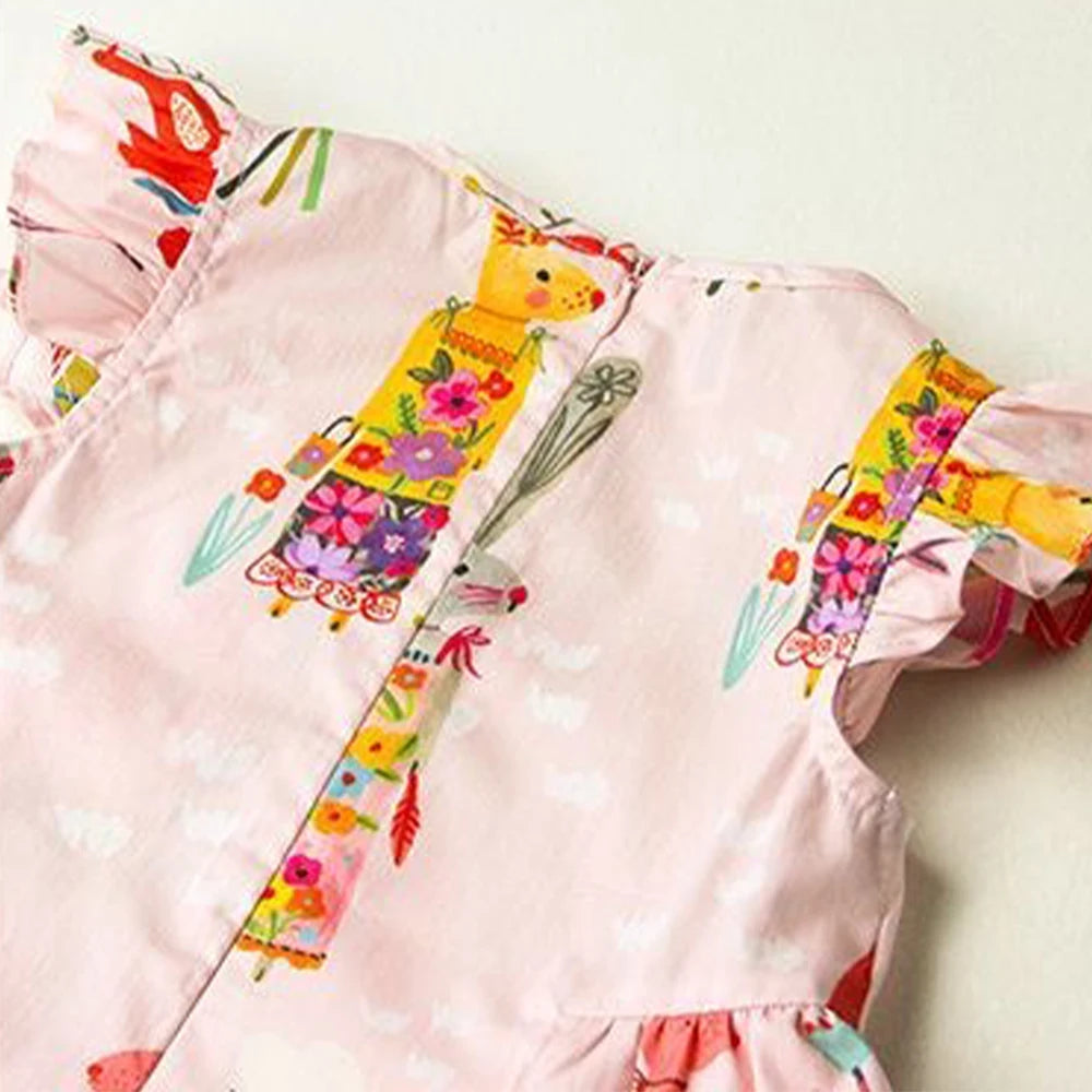 Girls' Round Neck Flying Sleeve Flower Print Dress