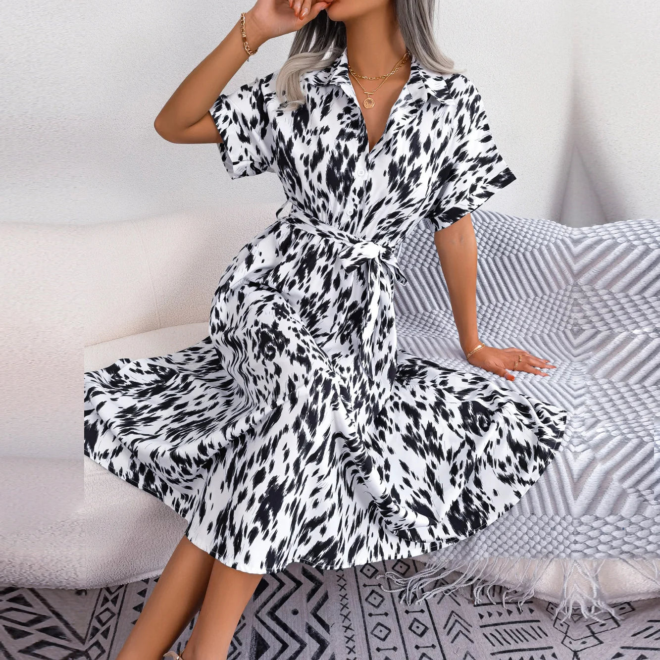 Women's Summer Casual Loose Leopard Lace Up Shirt Chic Dress