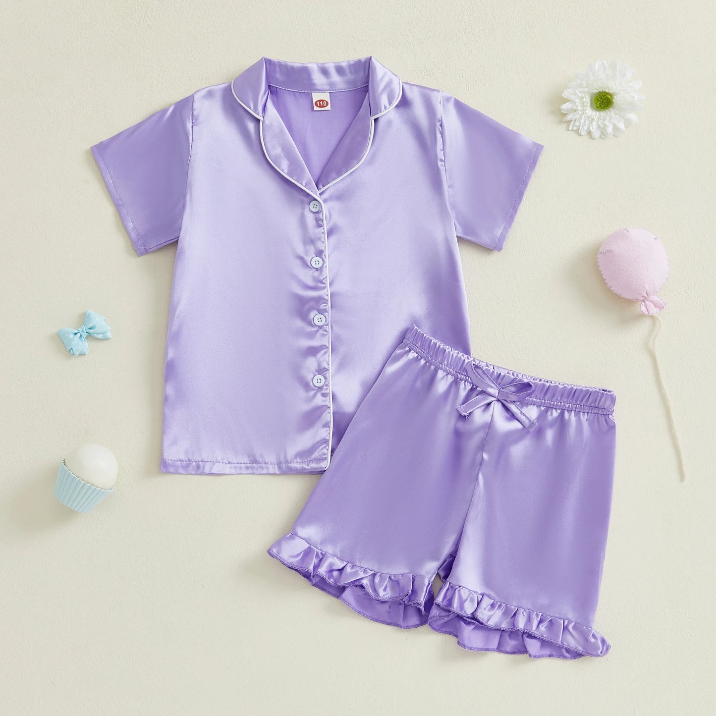 Baby Girls' Summer Pajamas Set - Button Down V-Neck Short Sleeve Top & Ruffled Shorts