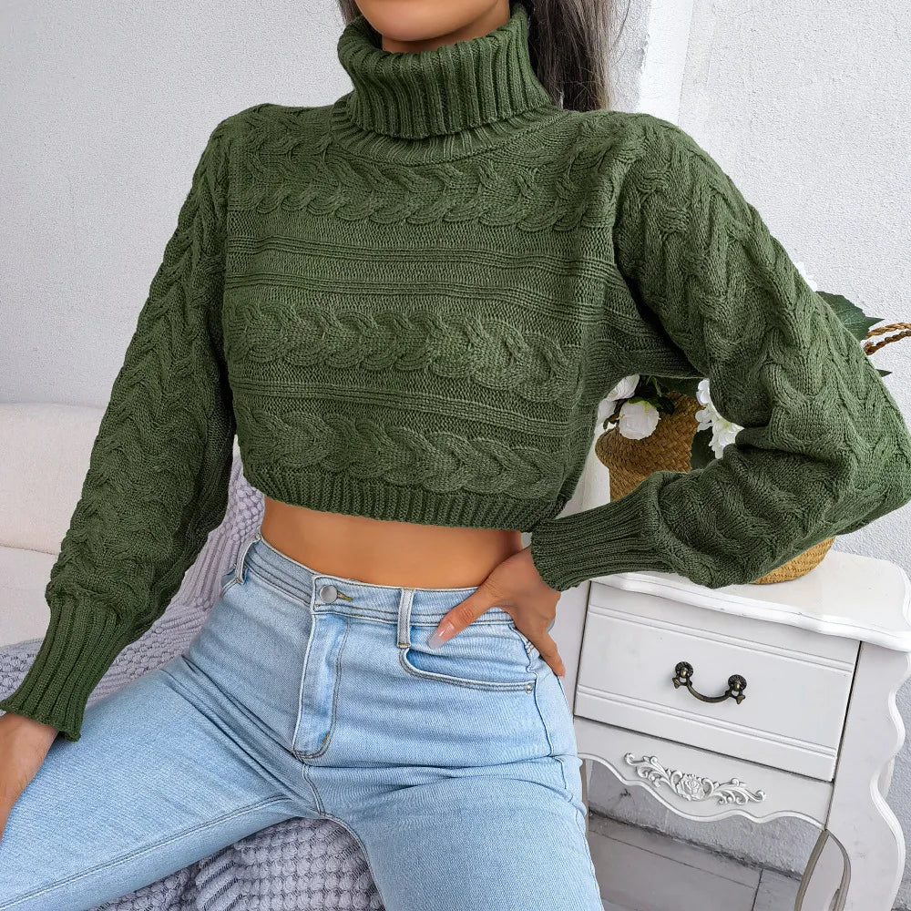Women's Autumn Winter Casual Twist Long Sleeve Turtleneck Crop Knit Sweater