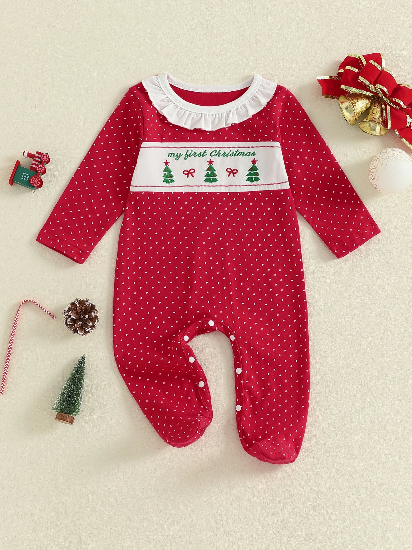 Newborn Baby Girls Christmas Footed Romper - Tree Embroidery Dot Print (0-12M)