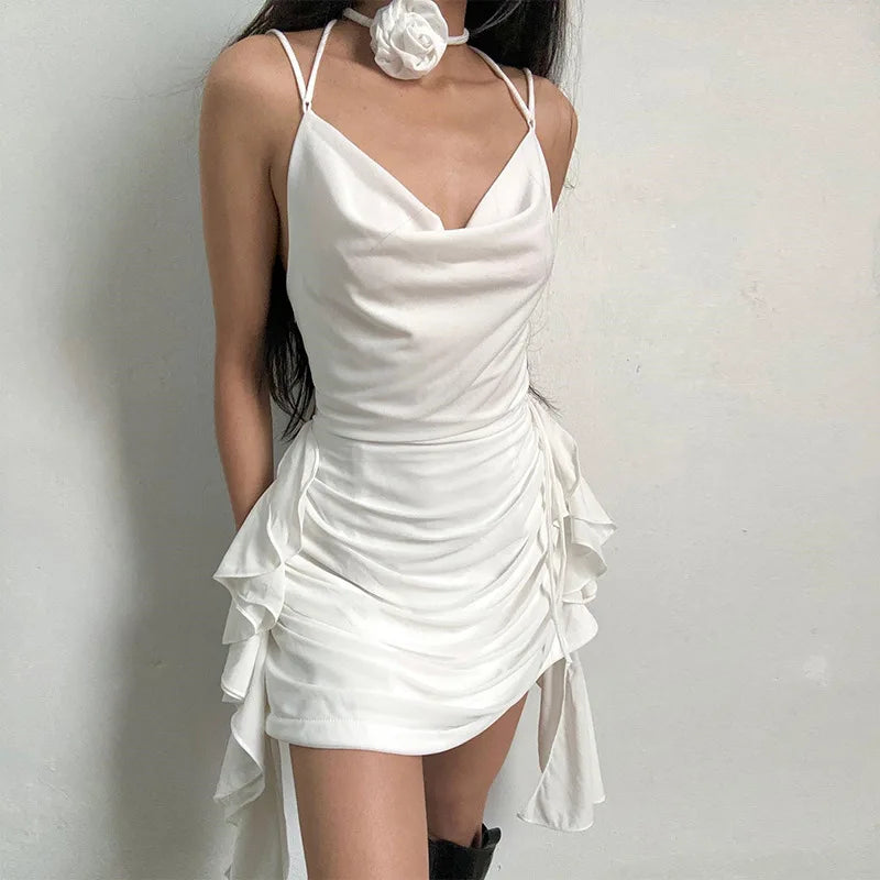 Women's Coquette Aesthetic Ruffle Detail Mini Outfit Sleeveless Floral Applique Halter Backless Party Dress