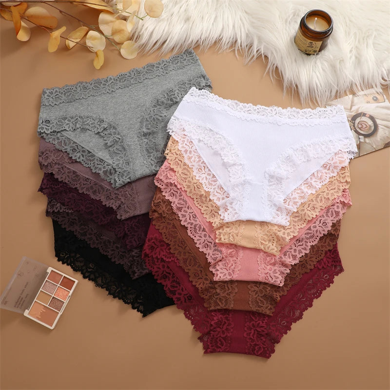 Women's Cotton Ribbed Underwear Set - 4 Pack Lace Floral Low-Waist Briefs