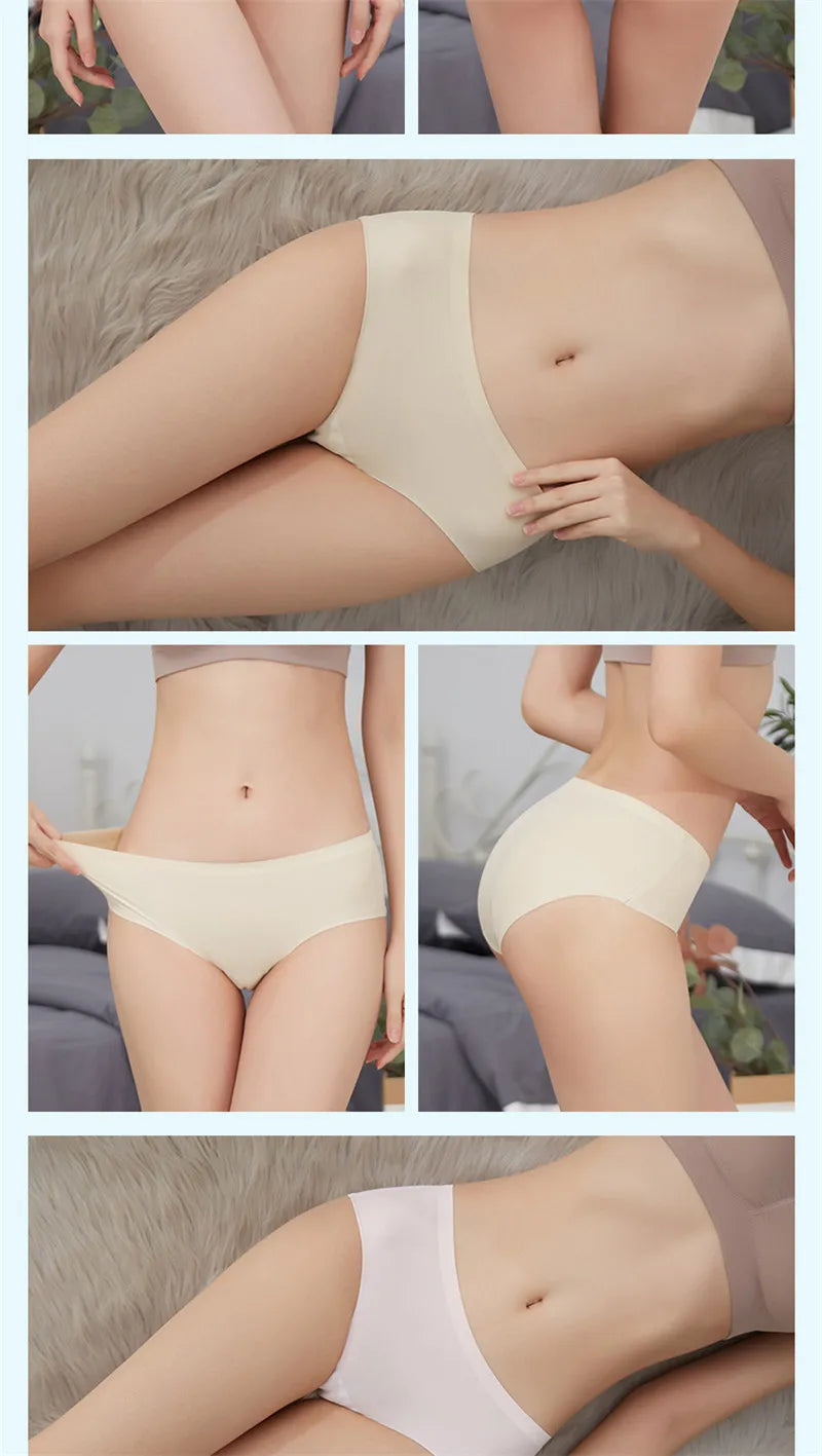 Women's 3Pcs Seamless Ice Silk Underwear Invisible Comfort Briefs Mid-waist Panties Breathable Lingerie