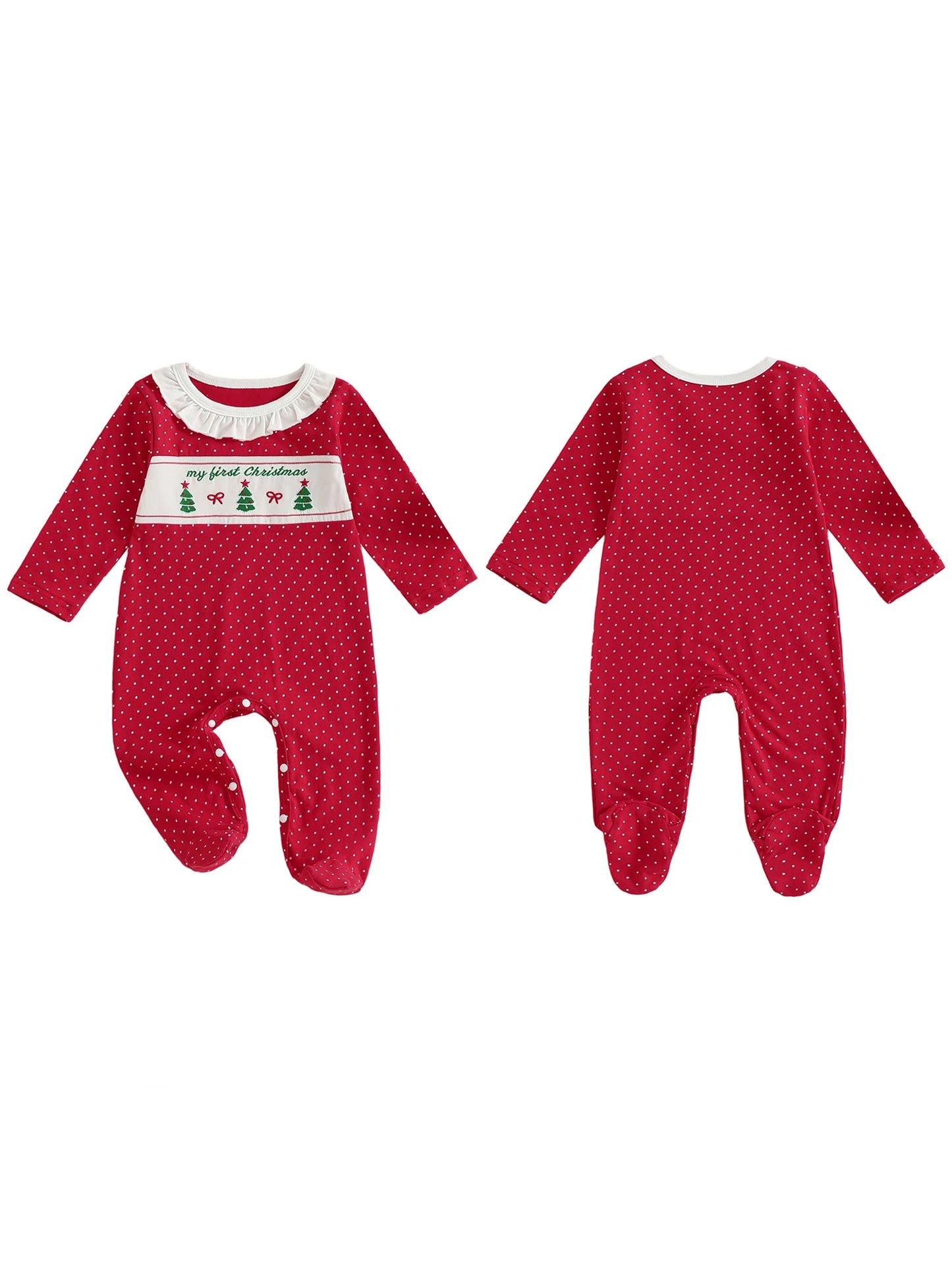Newborn Baby Girls Christmas Footed Romper - Tree Embroidery Dot Print (0-12M)