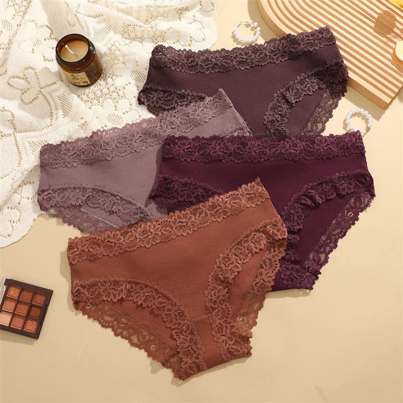 Women's Cotton Ribbed Underwear Set - 4 Pack Lace Floral Low-Waist Briefs