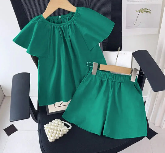 Girls Summer Outfit Set - Green Round Neck Top & Shorts