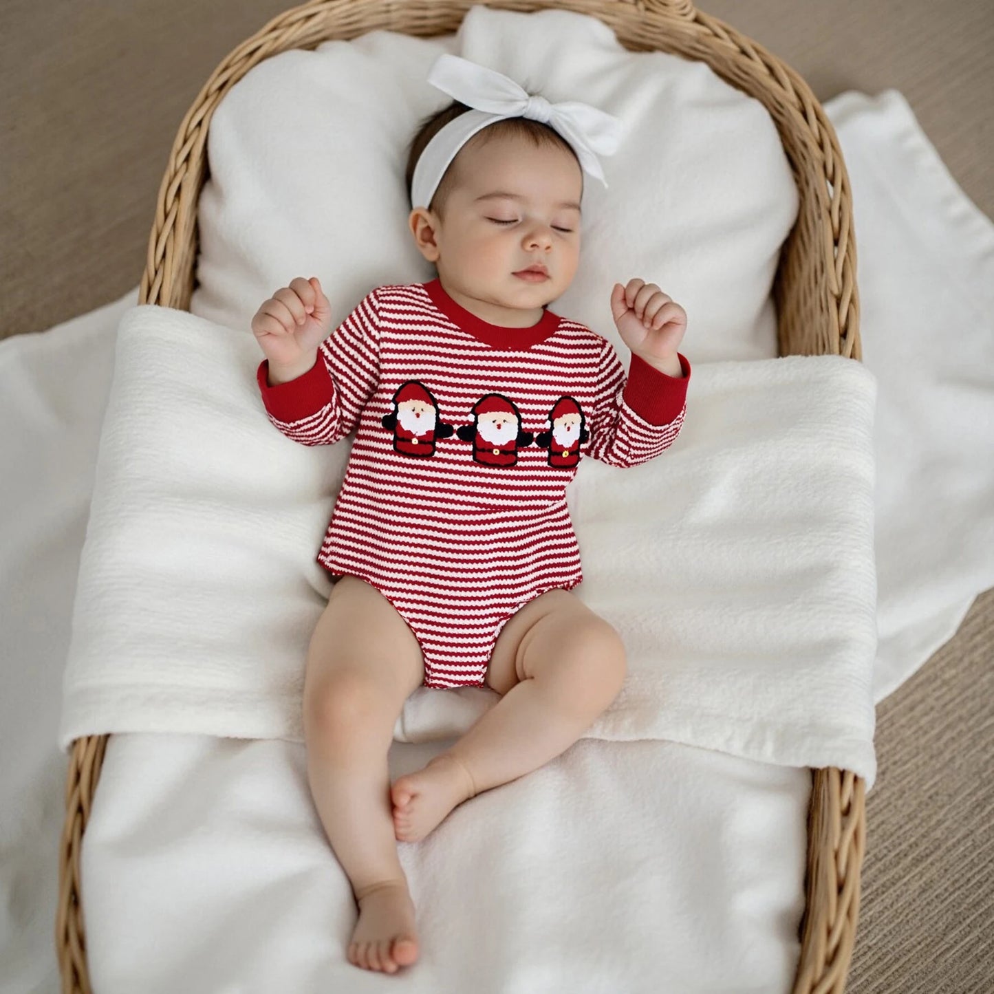 Baby Christmas Romper - Long Sleeve Stripes Print Xmas Embroidery Bodysuit