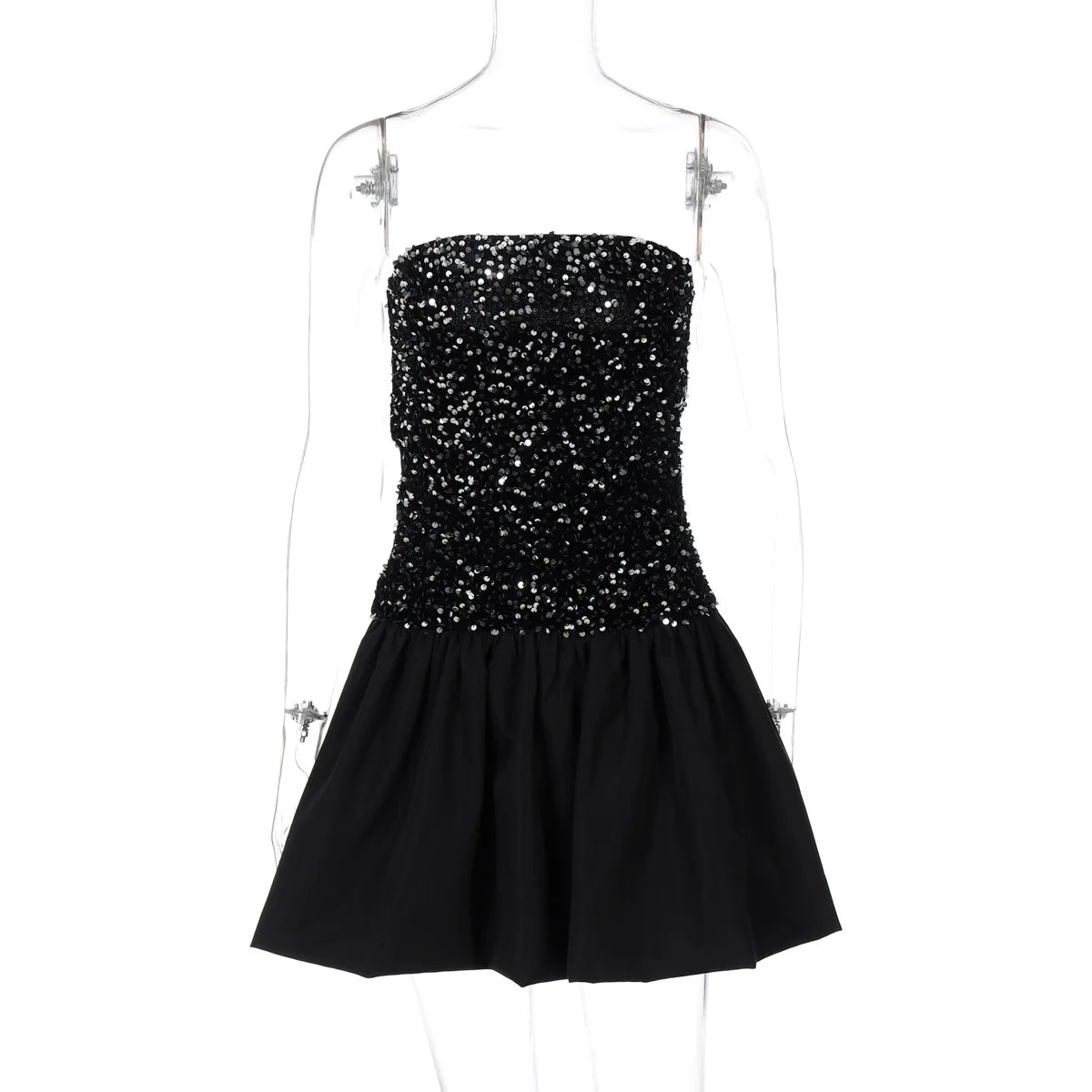 Women's Strapless Sequins Mini One-Shoulder Bodycon Splice Folds Party Club Dress