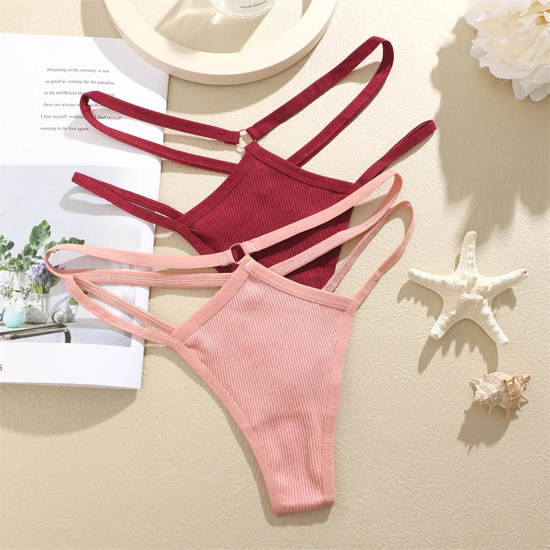 4-Pack Cotton Striped Thongs - Women's Low-Rise Breathable Underwear Set