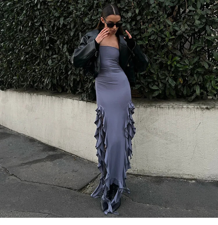 Women's Irregular Ruffle Off Shoulder Backless Ruched Midi Dress