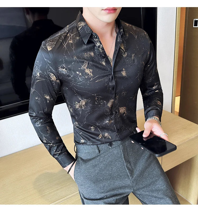 Men's Print Shirt - Slim Fit Long Sleeve Turn Down Collar Shirt