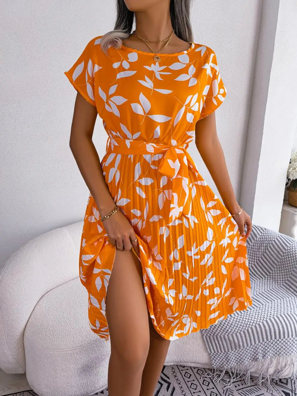 Women's Floral Pleated A Line Long Spring Summer Short Sleeve High Waist Chic Dress