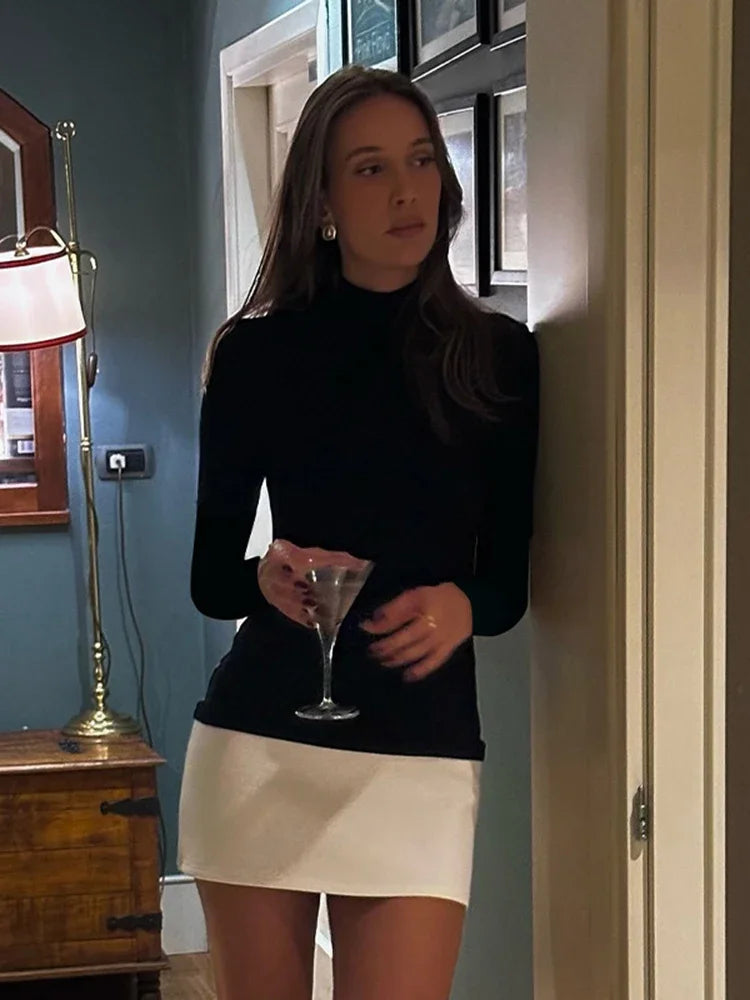 Women's Turtleneck Splice Long Sleeve Mini Contrast Color Bodycon Party Dress