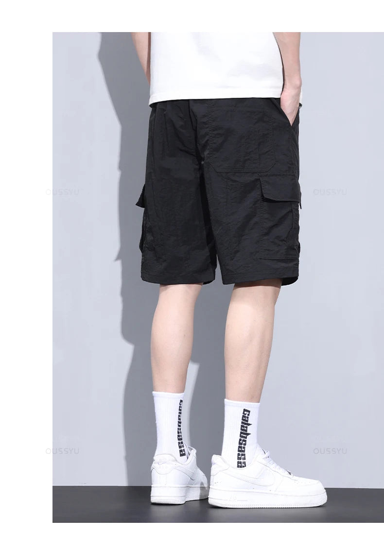 Summer Ultrathin Shorts Pants Men Cargo Work Side Pockets Joggers Grey Bermuda Knee Beach Nylon Short Pant Male Big Size M-5XL