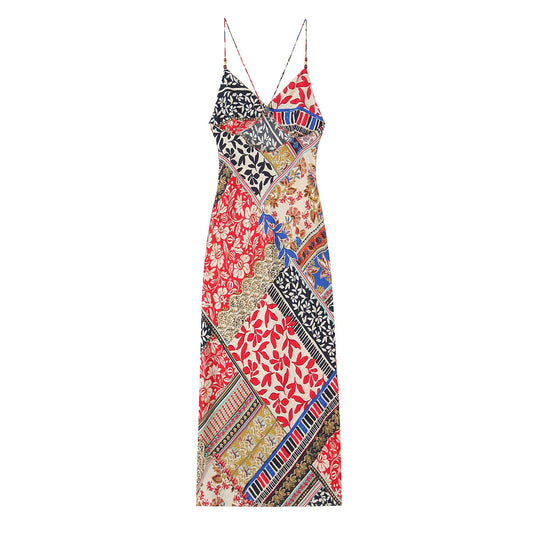 Women's Ruffled Hem Hanging Collar Suspender Dress - Retro Patchwork Print