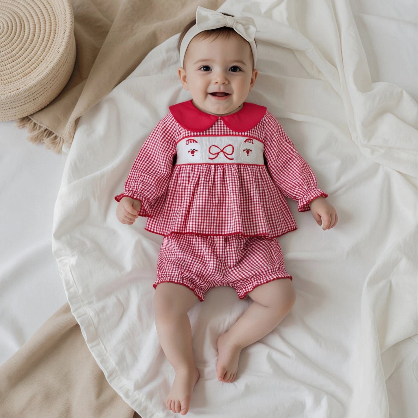 Baby Girls' Christmas Outfit Set - Long Sleeve Plaid Top & Lantern Shorts 2 Piece