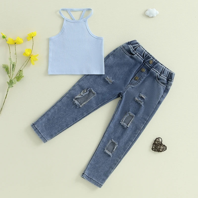 1-6Y Kids Girls Summer Clothes Sets Ribbed Halter Tank Tops and Elastic Ripped Denim Pants