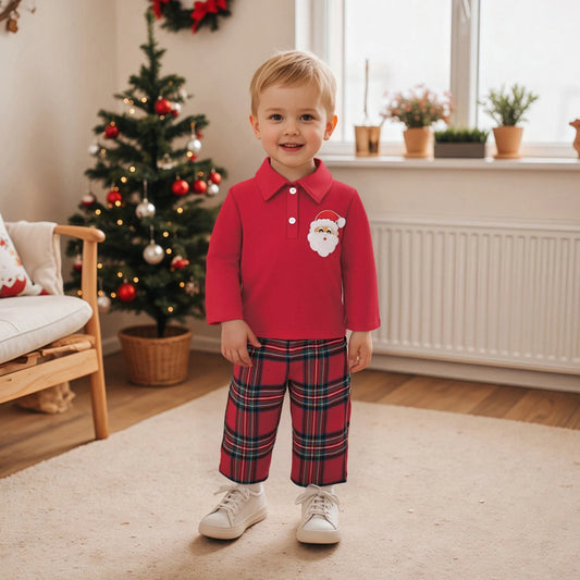 Toddler Kids Boy Christmas Clothes Set - Santa Embroidery Long Sleeve Lapel Pullover & Elastic Waist Plaid Pants