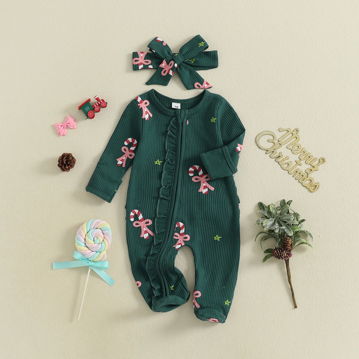 Baby Christmas Romper Set - Candy Cane/Gingerbread Print Oblique Zipper Jumpsuit & Headband