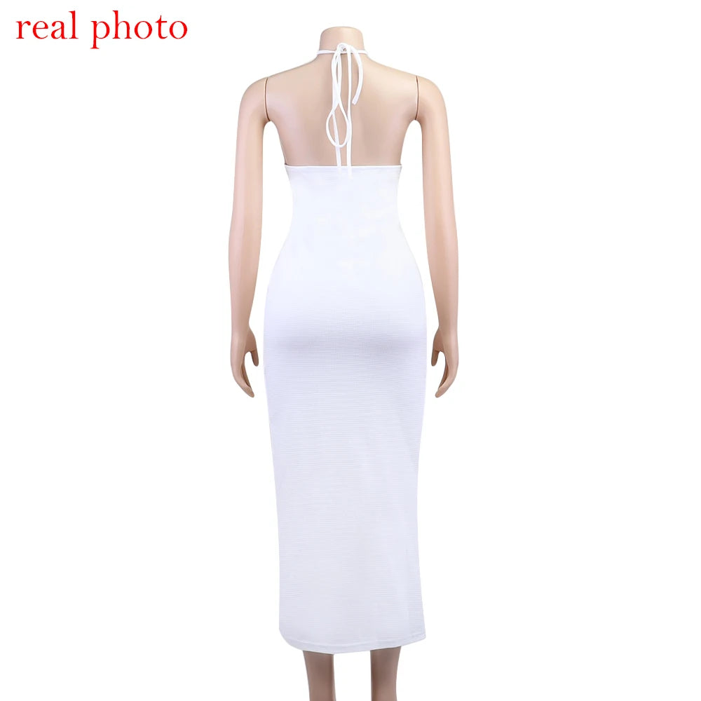 Women's Floral Applique Halter Summer Maxi Cut Out Backless Split Dress
