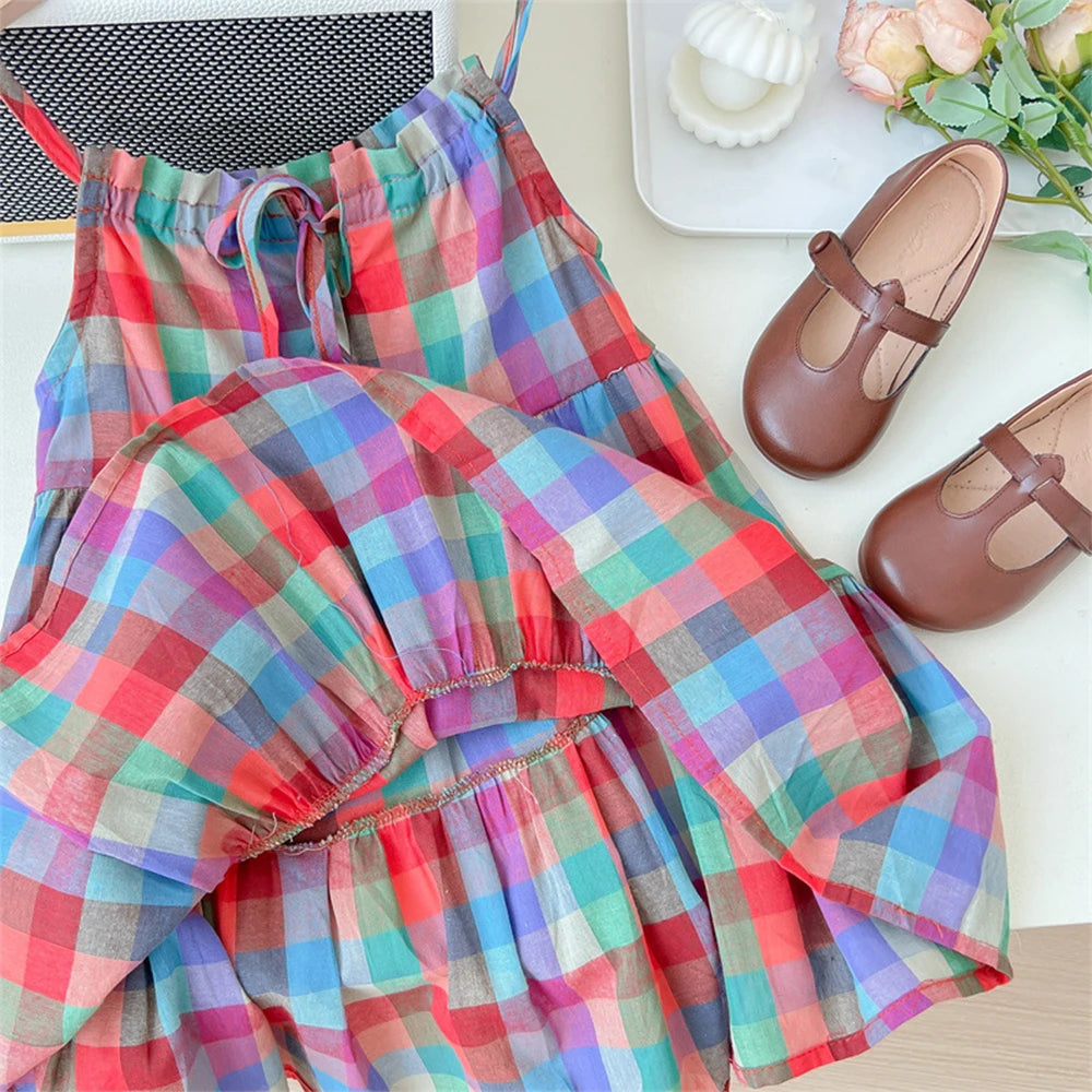 Girl's Summer Plaid Strap  Sleeveless Dress