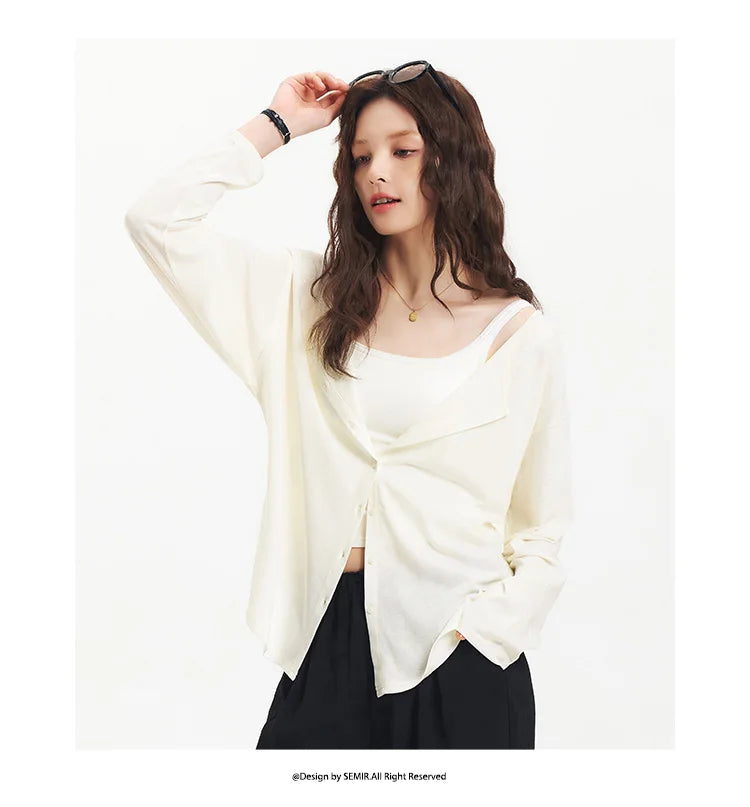 Women's Long Sleeve U-Neck T-Shirt - Minimalist Elegant Cardigan Style Top