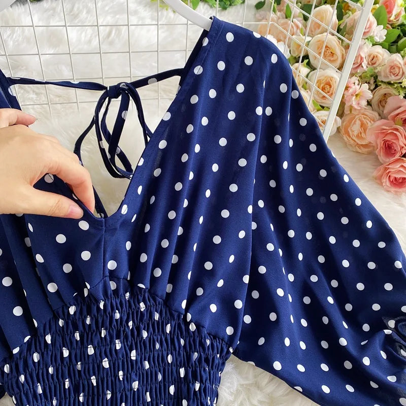 Women's V-Neck Polka Dot Jumpsuit - Wide Leg Trousers with Dolman Sleeves