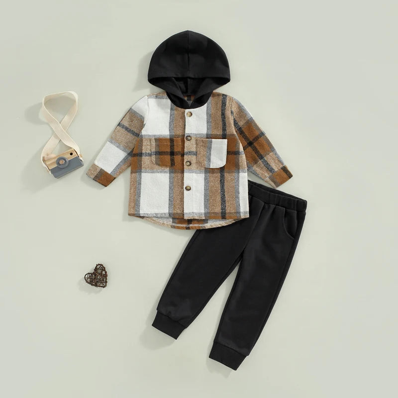 1-6Y Autumn Causal Kids Boys Clothes Sets 2pcs Plaid Printed Patchwork Hooded Long Sleeve Jacket and Trousers